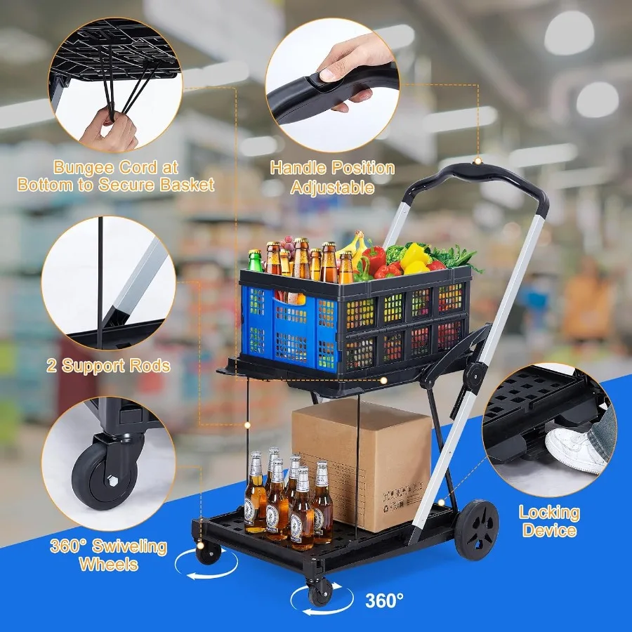 Durable 2-Tier Collapsible Garden Cart for outdoor utility Lightweight aluminum frame, black/grey, removable crate 360 swivel w