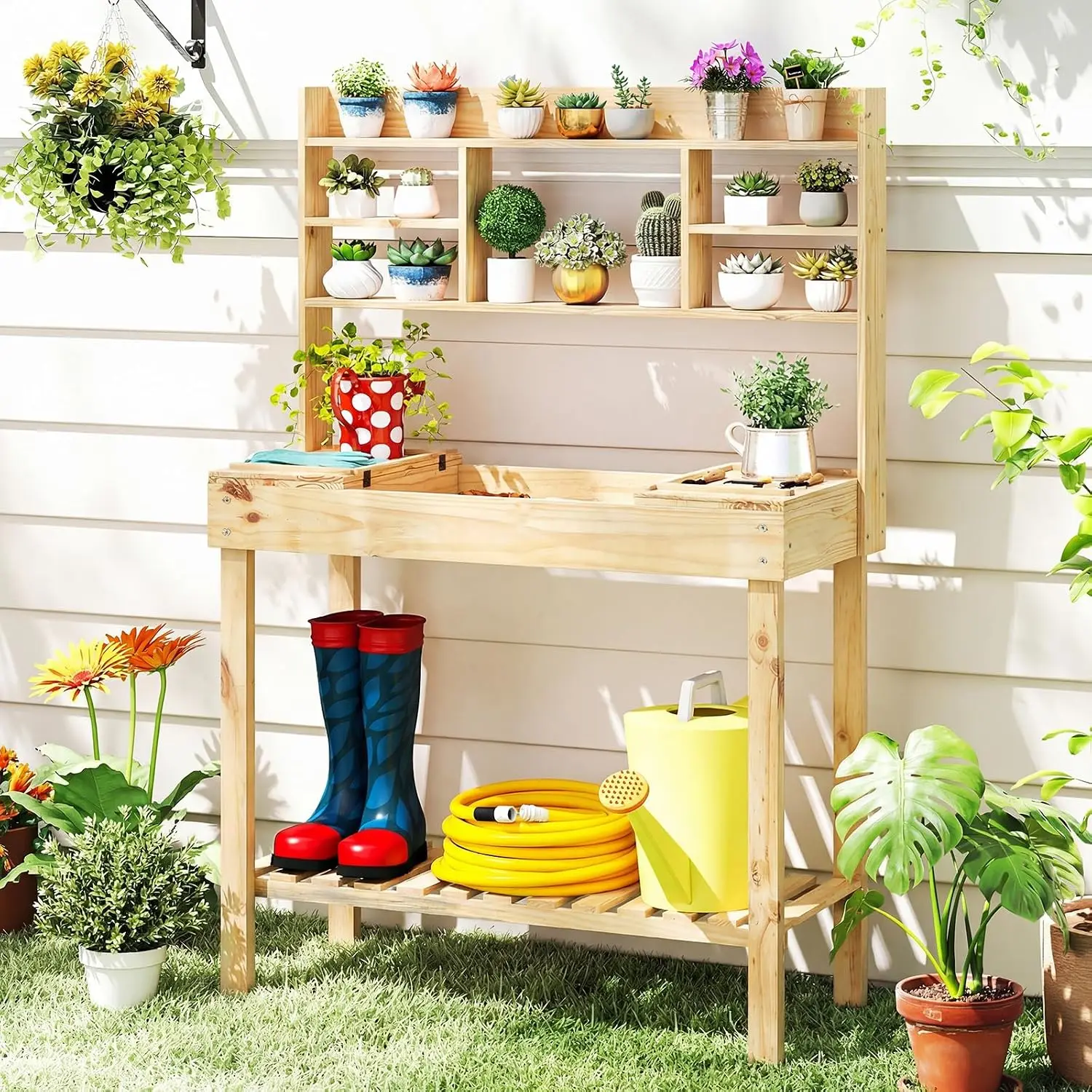 Modern Wooden Potting Bench Outdoor Potting Table With Flip Up Worktop And Storage Cabinet, Heavy Duty Garden Workstation Table With Hooks And Shelves For Patio Backyard Porch, Natural Wood