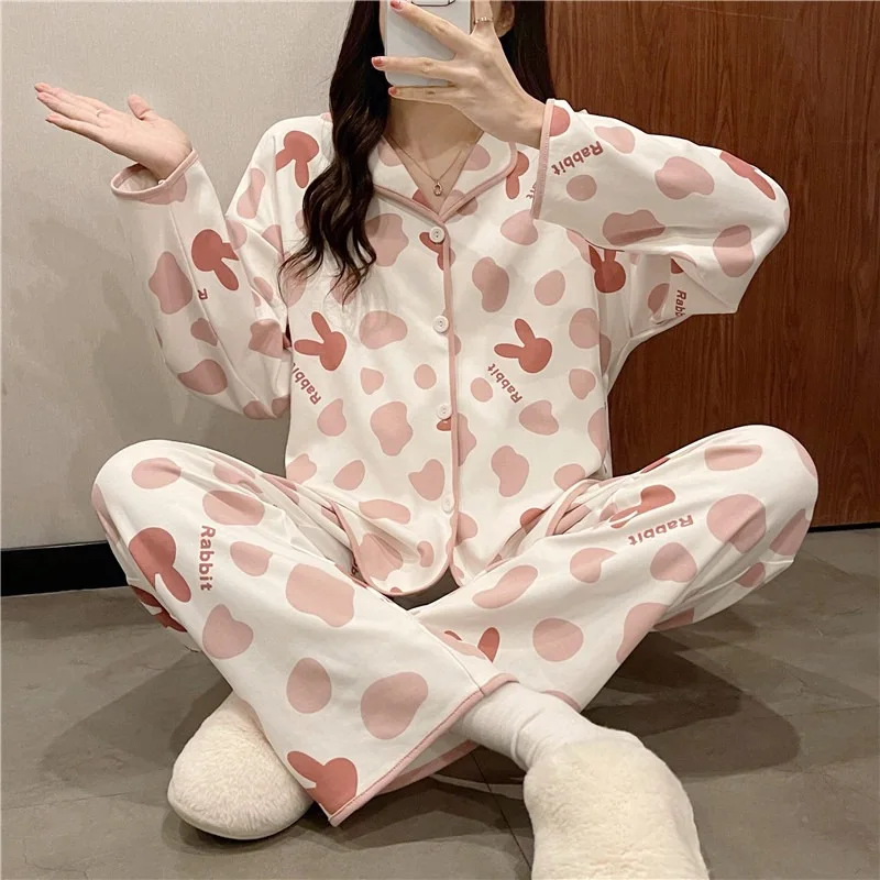 Ladies Pajamas New Long-Sleeved Homewear Female Spring and Autumn Thin Cardigan Suit Cartoon Cute Sweet Girl Student Homewear