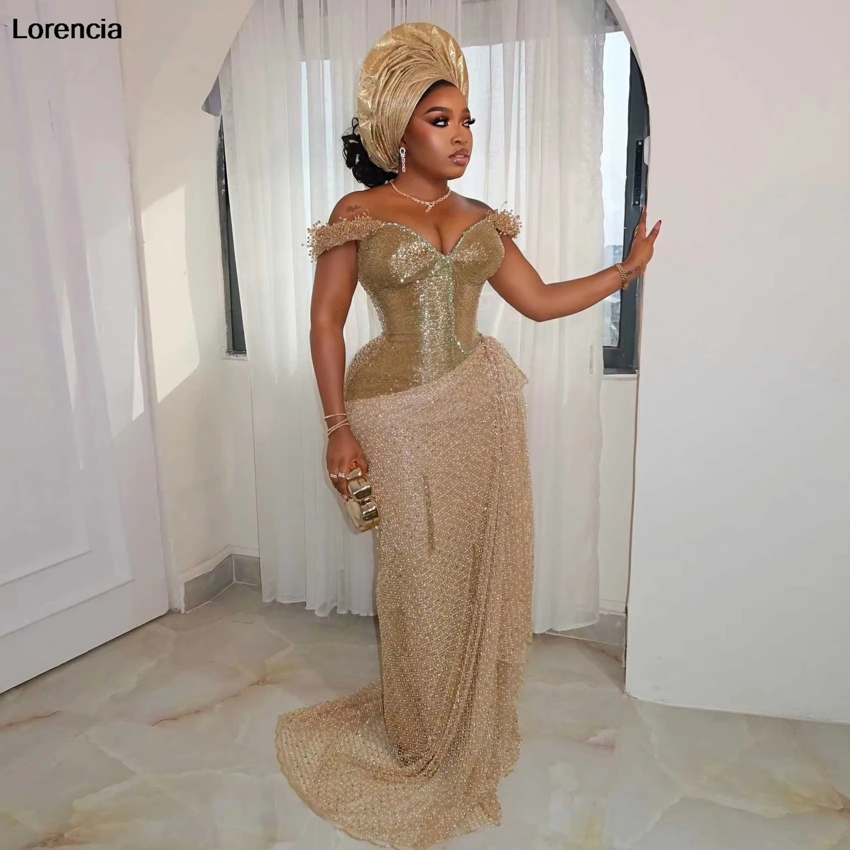 

Customized African Gold Lace Evening Dress Off Shoulder Mermaid Beading Birthday Dress Nigerian Prom Gown Robe De Sorrie YPD355