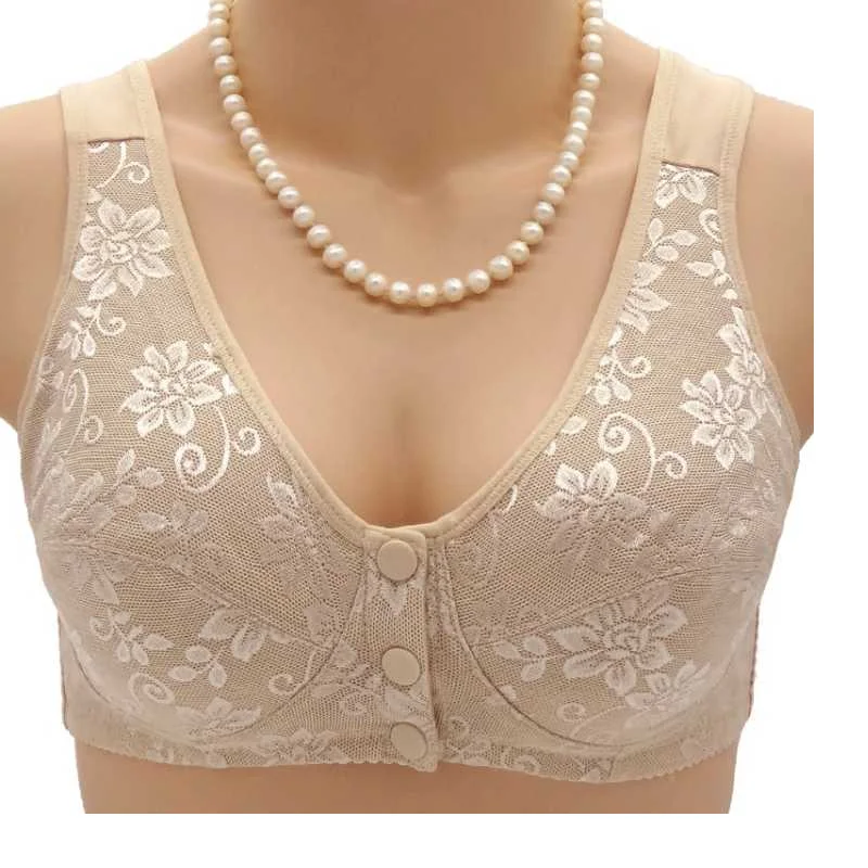 New Spring Summer Thin Lace Wireless Comfortable Breathable Mid-aged Mom Underwear Large Size Front Button Women's Bra