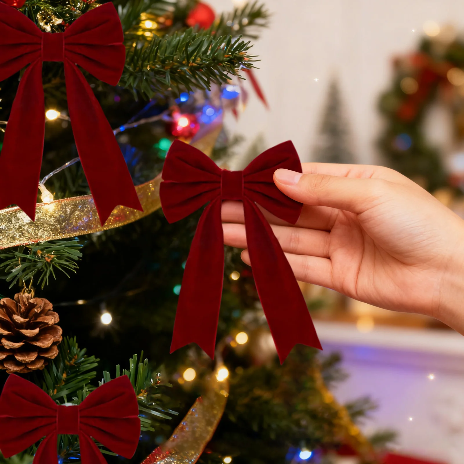 12 lazos de árbol de Navidad de terciopelo rojo, lazos de regalo de cinta festiva para coronas navideñas, decoraciones y artesanías rústicas, acabado brillante