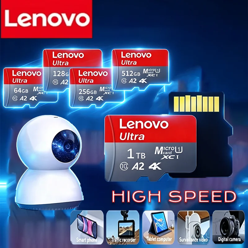 Cartão de Memória de Alta Velocidade Lenovo 1TB, Cartão Micro SD 512GB 128GB 256GB Classe 10, Cartão Flash TF para Telefone, Tablet e UAV