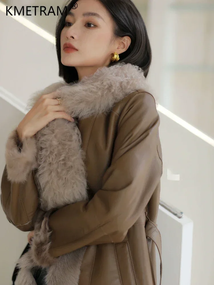 Genuine Sheepskin Leather Jacket Women Winter 2024 Natural Long Wool Fur Coat Luxury Fashion Large Fur Collar Female Outerwears