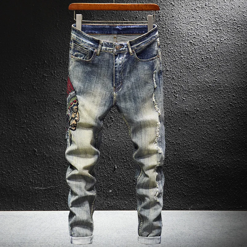 

Retro Indian Embroidery Hole Denim Jeans Men's Autumn Winter New Slim Fit Long Pants Cotton Elastic mid Waist Zipper Casual