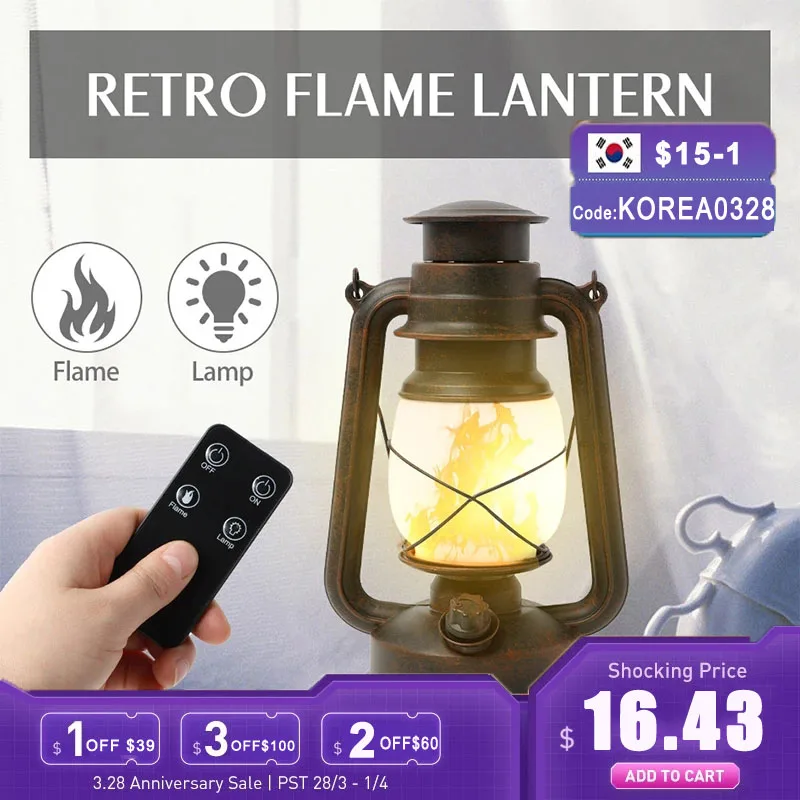 Vintage Camping Lantern Remote Control LED Flame Tent Light Battery Kerosene Lamp Outdoor Portable Lighting Ramadan Decoration