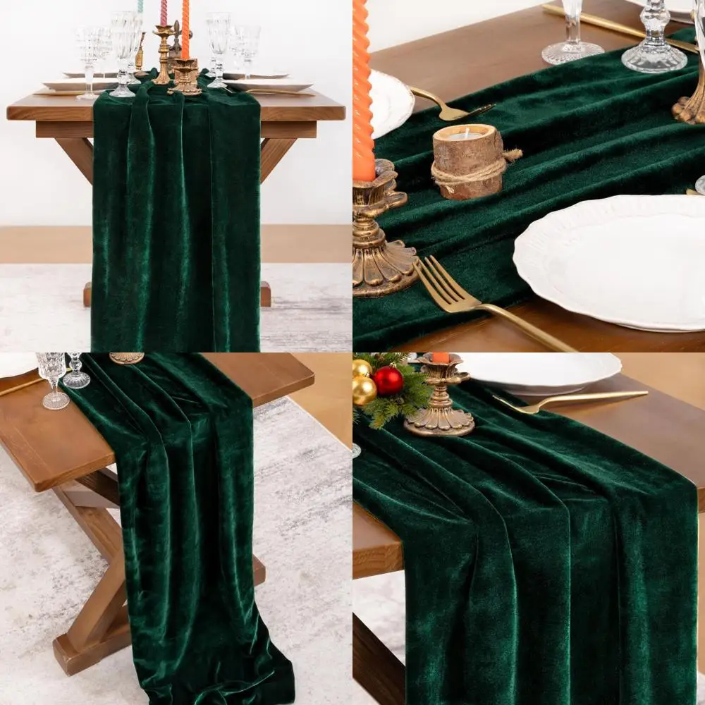 

4-Piece Green Velvet Christmas Table Runners 20x120 Inches - Luxurious Emerald Green for Thanksgiving, Wedding, New Year, and Br
