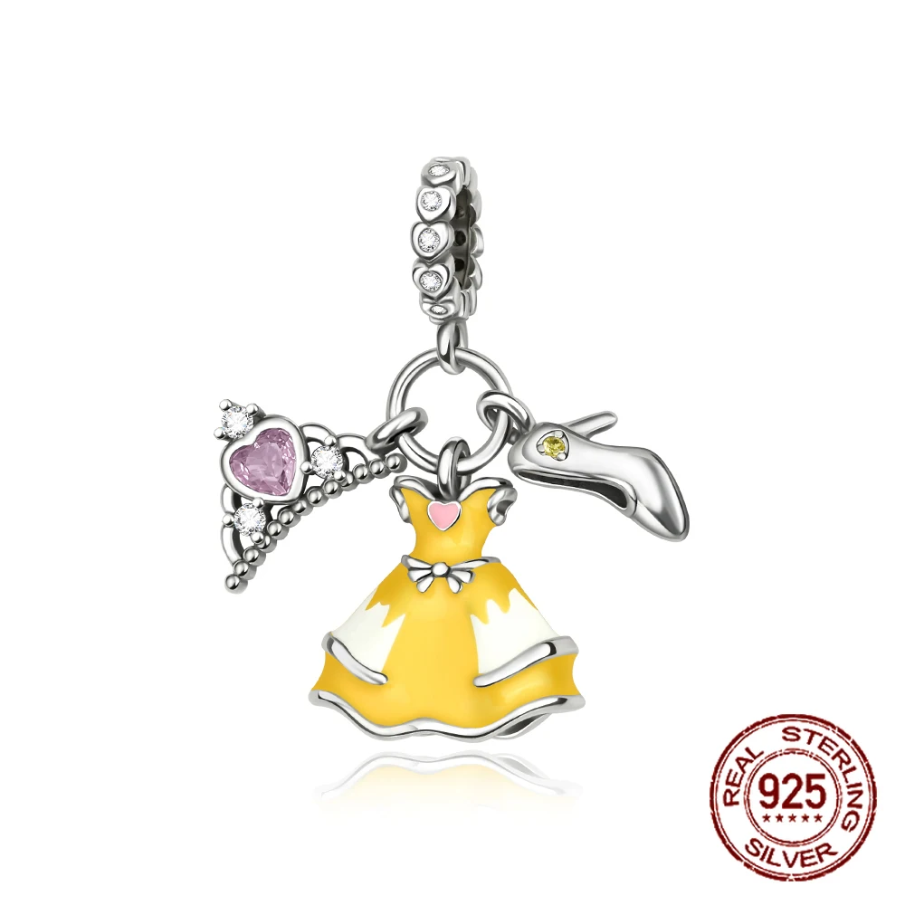 

925 Sterling Silver Princess Tiara Gown Heels Charm Formal Dance Pendant Fit Original Charm Bracelets Women DIY Jewelry Gift