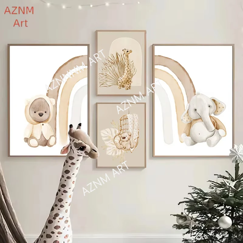 Pósteres nórdicos personalizados con nombre de bebé, dibujos animados de osito y conejo, arte de pared con letras, pintura en lienzo e impresión, decoración para dormitorio infantil