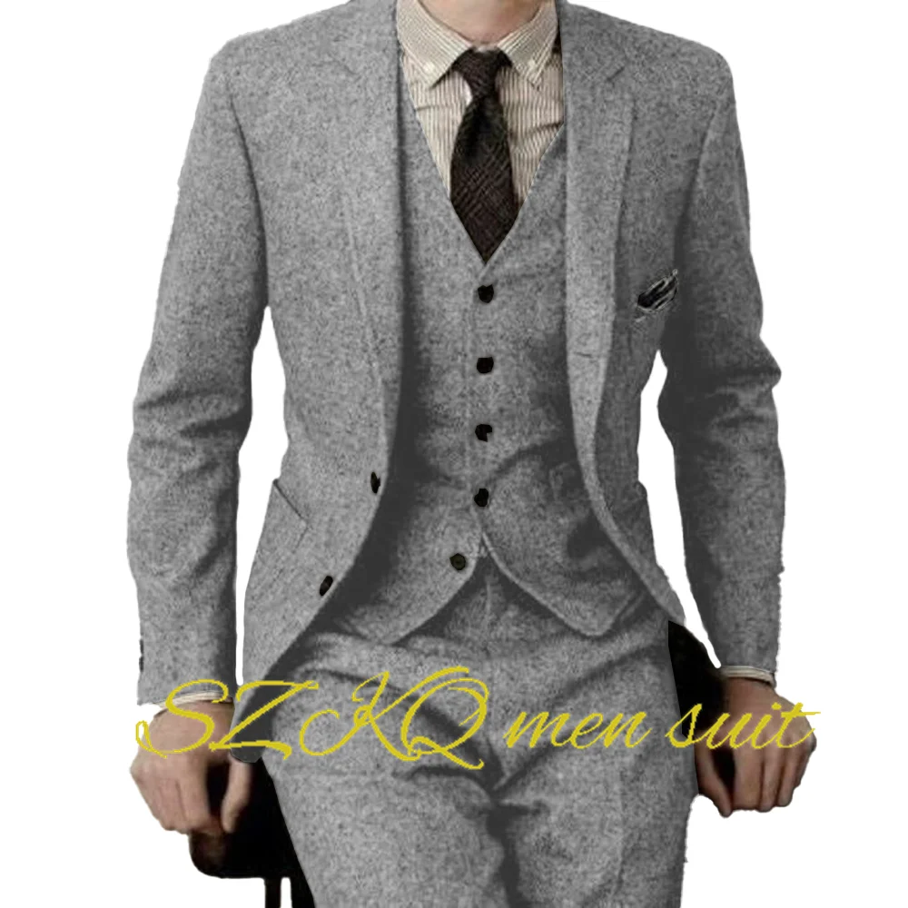 Suit for Men Retro Herringbone Jacket Pants Vest Tie 3-piece Set XS-5XL Formal Work Wear Wool Suit Men