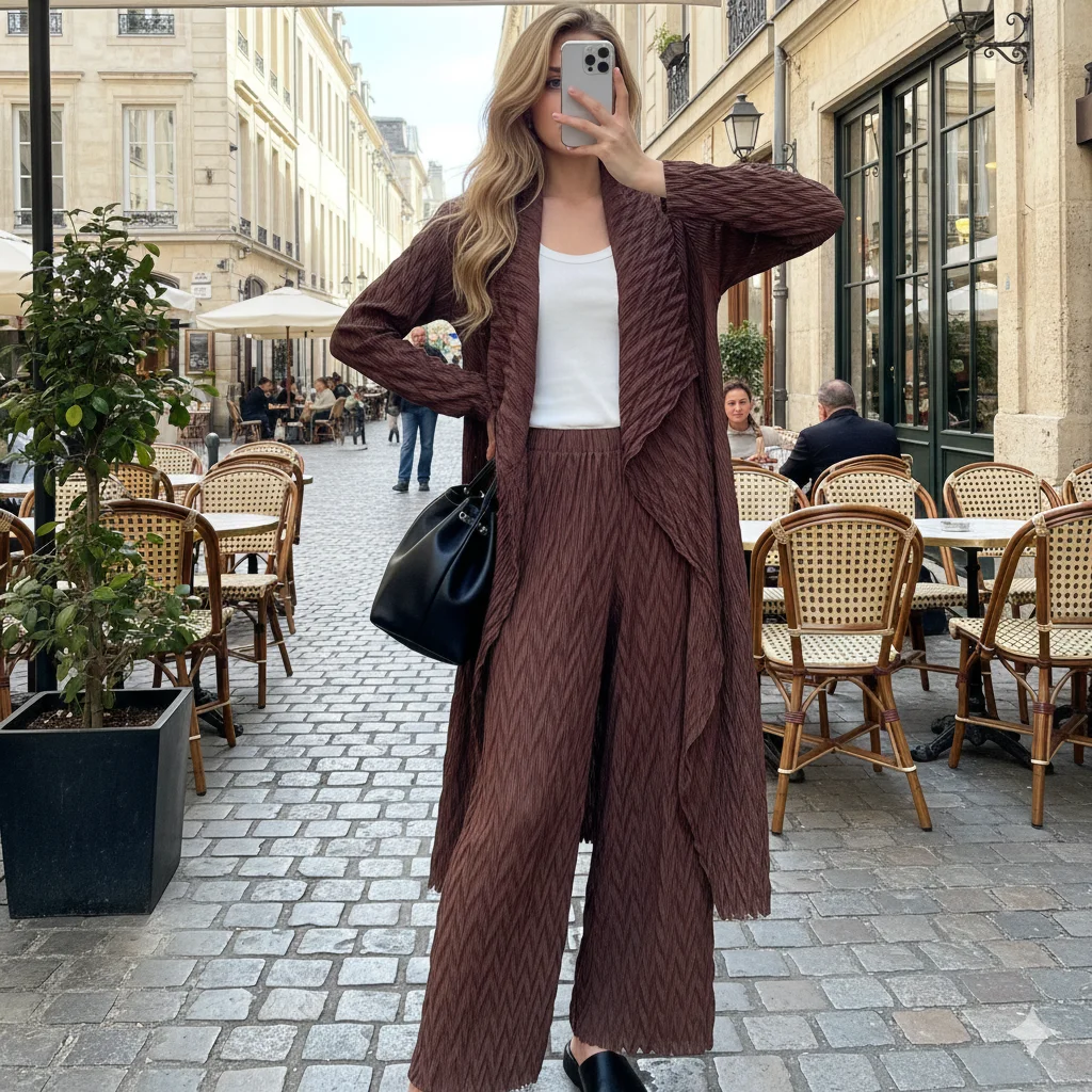 

Miyake Pleats 2026 New Spring and Fall Fashion Geometric Pattern Suit Women's Long Jacket Pleated Wide-legged Pants Wearing