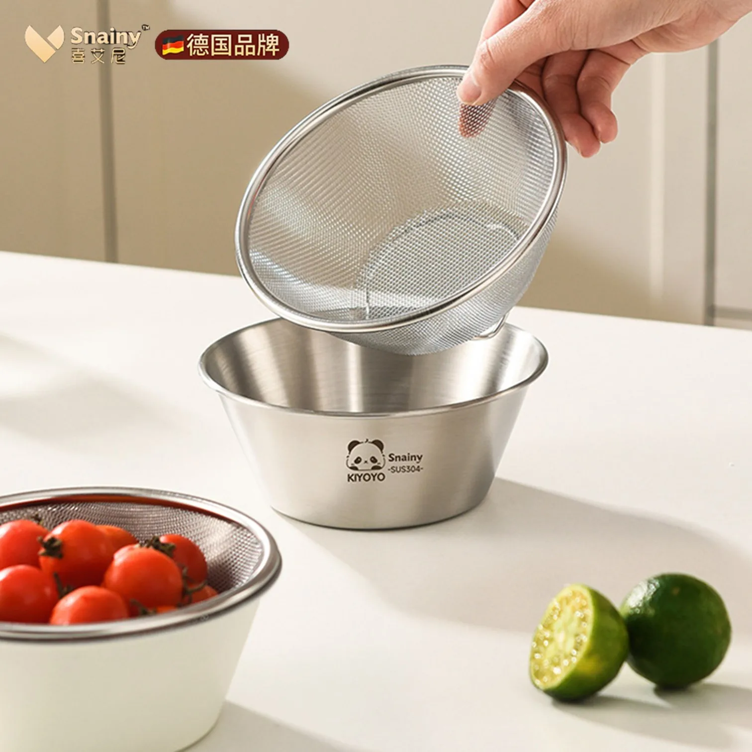 700ml 14cm Diameter Pure 304 Stainless Steel Kitchen Washing Bowl and Colander Set Raised Feet Strainer Smart Fruit Bowl