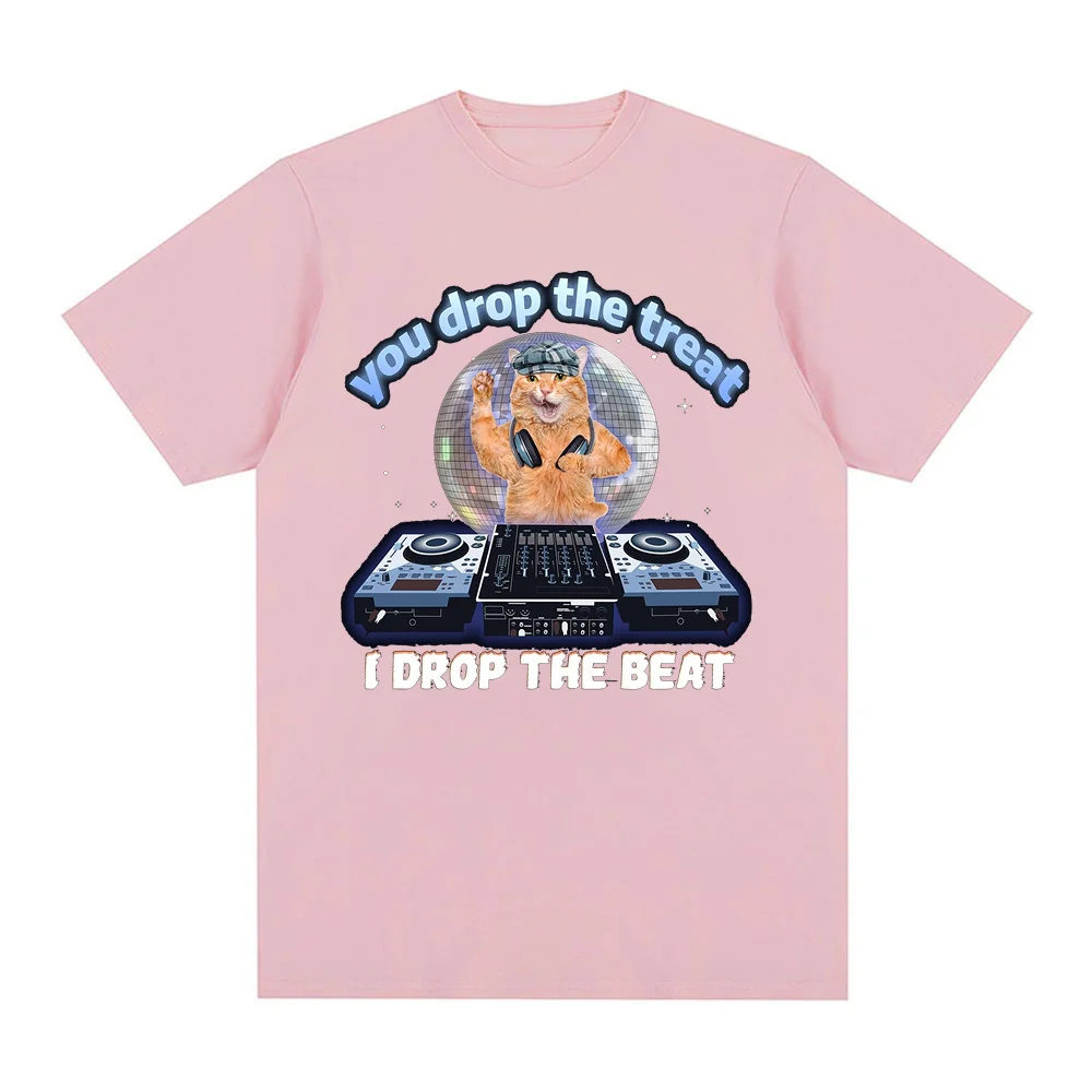 You drop the treat I drop the beat Funny Cat DJ Print Crew Neck T-shirt Casual Loose Short Sleeve Fashion Women's Clothing