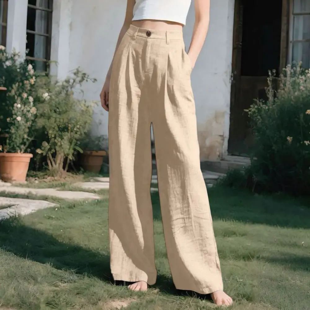 Ladies Ladies Casual Wide Leg Trousers Cotton Blend Loose Fit Pants Spring Summer Beach Wear Soft Breathable Elastic Waist Bottoms - Aliexpress Deal