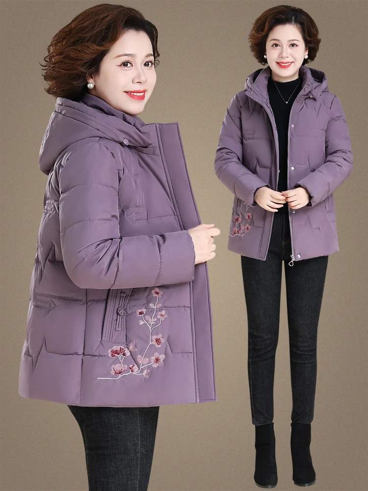 

Thiened Fce Winter Jaet for ly Women Embroidered Cotton Coat Large Size Casual Sle Windproof Warm Lightweight