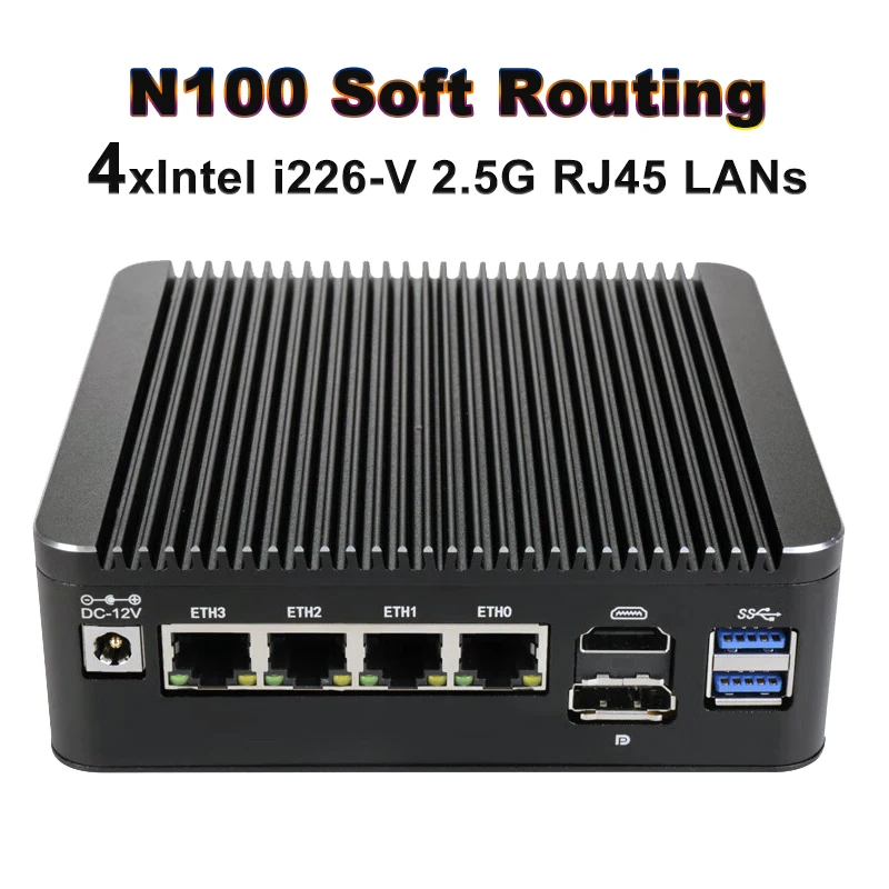 RJ45 Мини-ПК 12-го поколения Программный маршрутизатор Intel N100 4xi226-V 2.5G LAN 1*COM Безвентиляторный HD DP USB-C pfSense Брандмауэр PVE ESXi