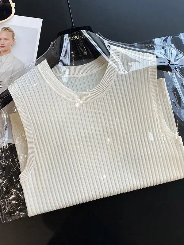 Ice Silk Knitted Sleeveless Vest Women's Strap Base Shirt Summer round Neck Breathable Comfortable Fit Pure Color Fashion Top
