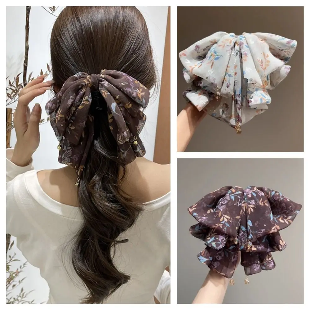 

Crystal French Style Chiffon Hair Claw Sweet Flower Bow Shark Clip Temperament Elegant Women Hair Grab Clip Daily
