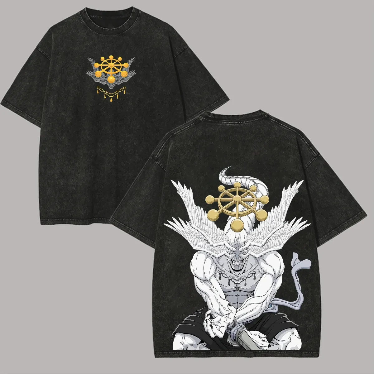 

Jujutsu Kaisen Mahoraga T Shirt Shikigami Graphic Men Acid Wash Oversized Streetwear Anime Gold Wheel Cotton Top Tee
