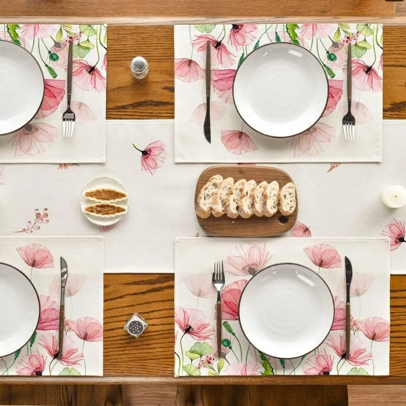 1/4PCS Artoid Mode Brown Poppy Floral Leaves Spring Placemats Seasonal Summer Table Mats for Party Kitchen Dining Decoration