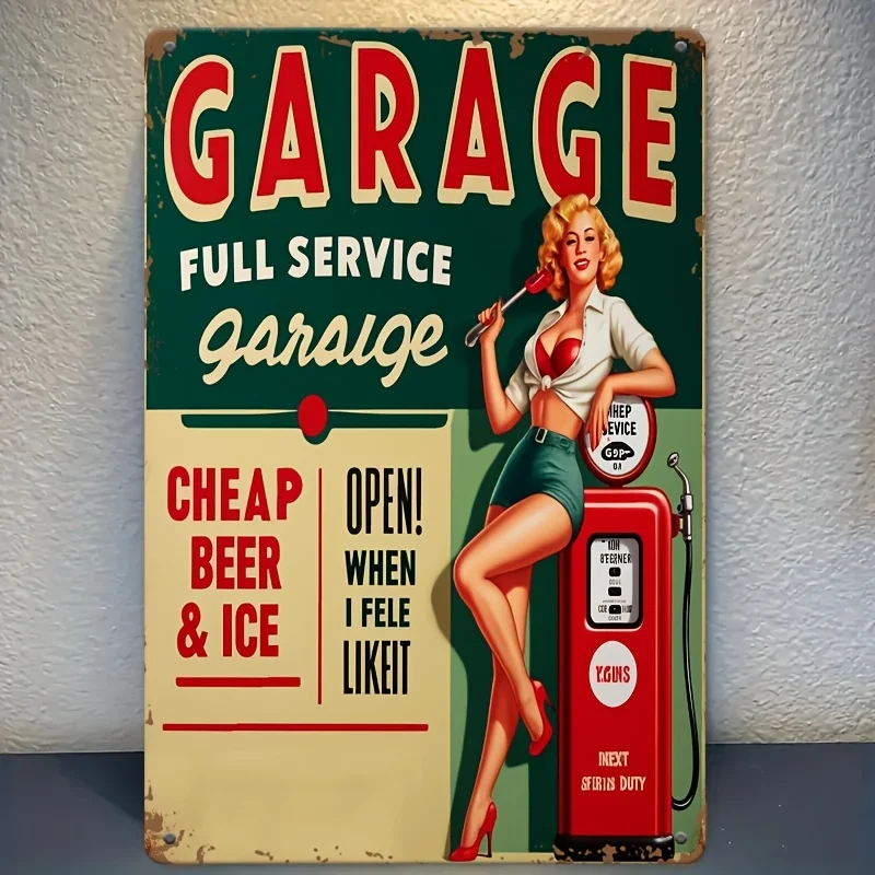 Full Service Garage Metal Tin Sign, Retro Iron Wall Art with Pin-Up Style Woman & Gas Pump Design, Durable Easy to Hang,