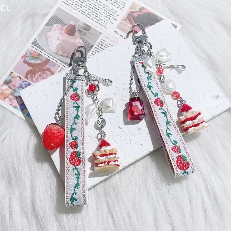 

Cute Strawberry Cake Short Mobile Phone Lanyard Bag Pendant For Women Fashion Versatile Keychain Backpack Decoration Gifts