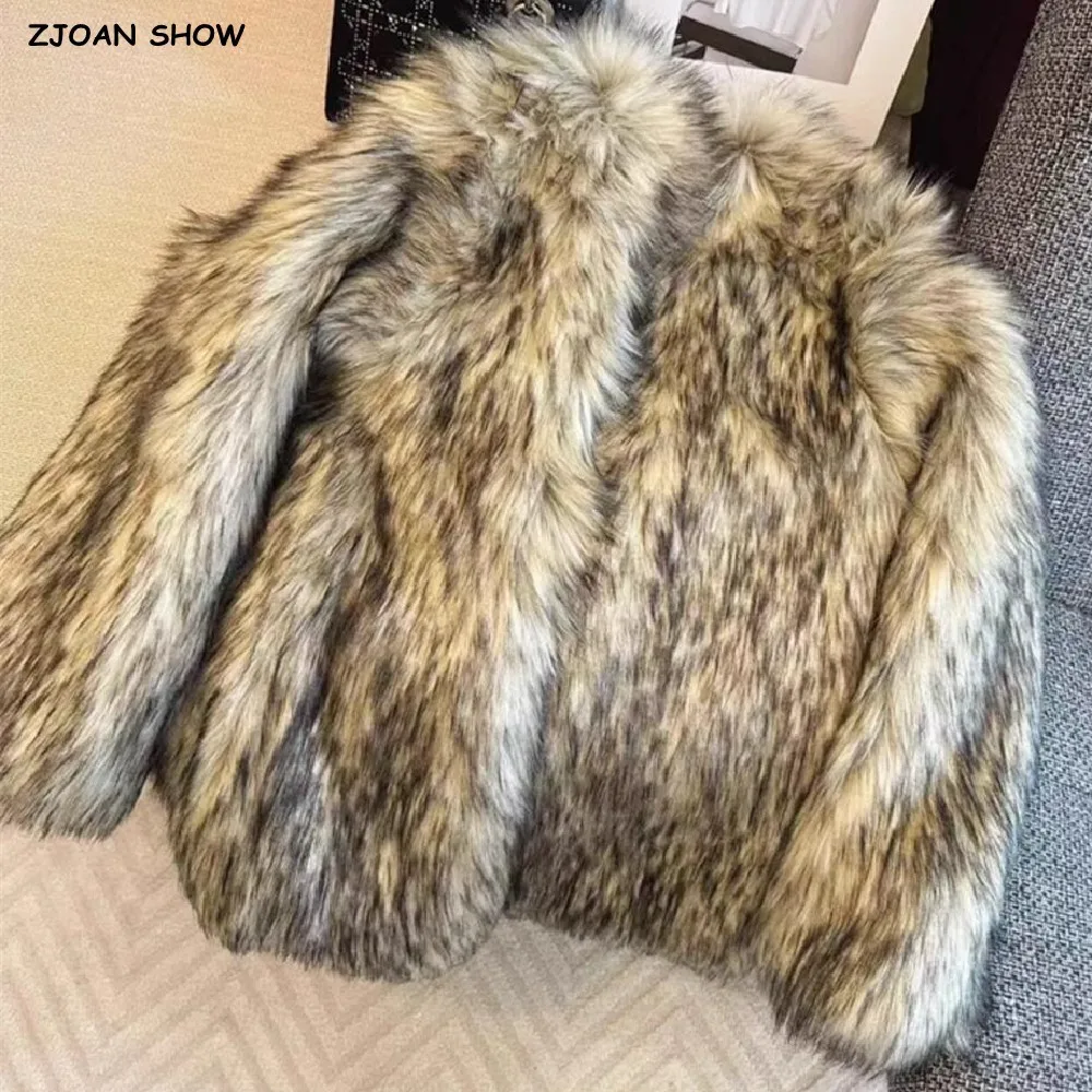 

Winter Beige With Gray tips Gradient Long Hairy Shaggy Raccoon Faux Fur Coat Women V neck Furry Lapel Furry Short Outerwear