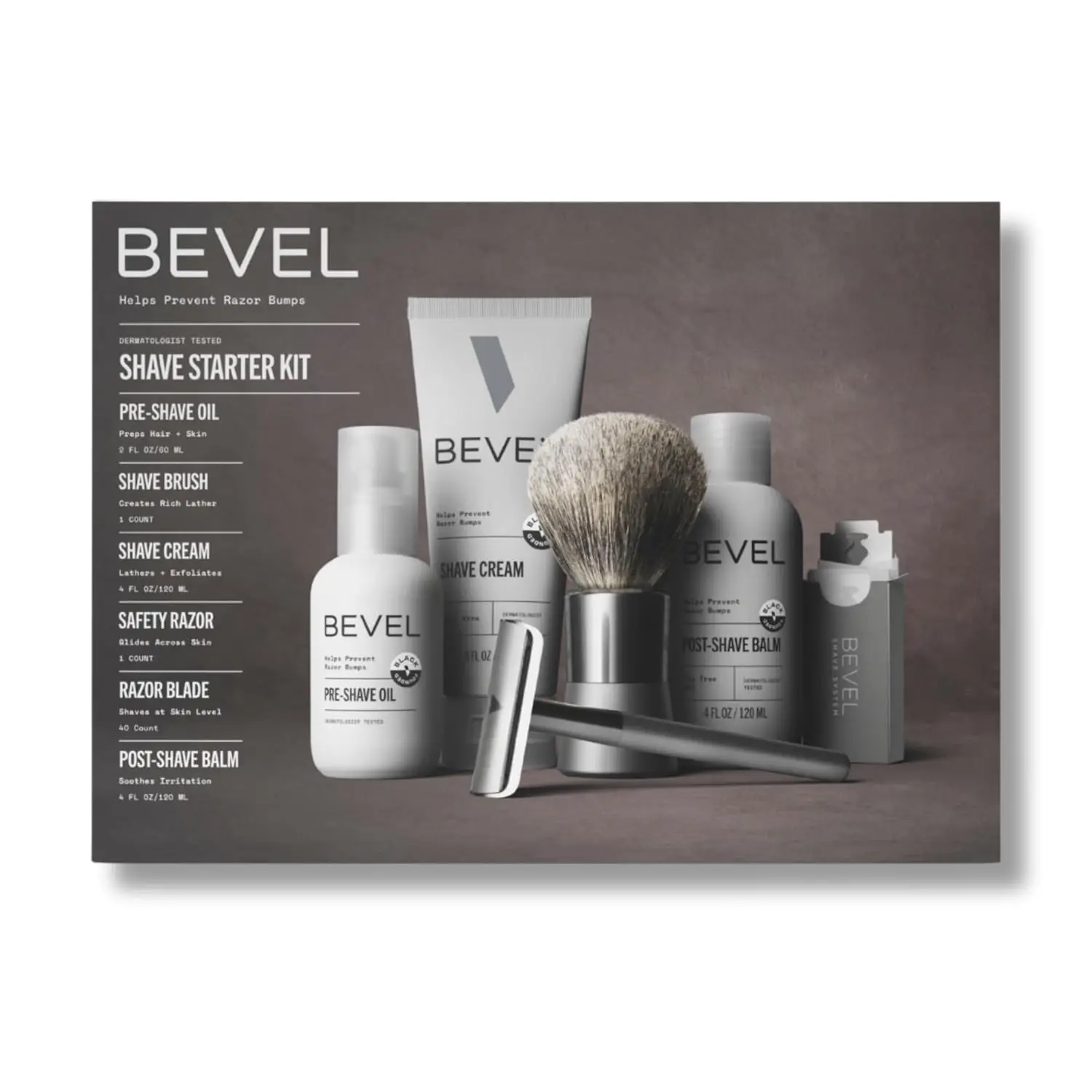 

Men's Bevel Shaving Kit with Safety Razor, 40 Blades, Brush, Pre-Shave Oil, Cream & Balm