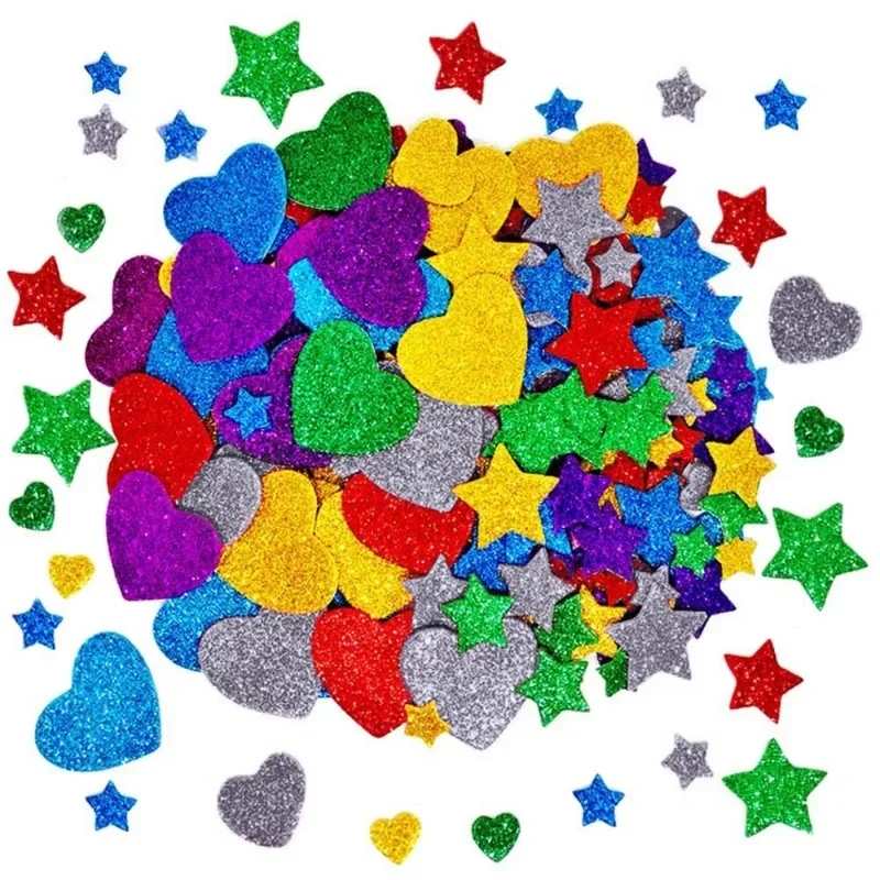 50Pcs Colorful Paperboard Stickers Heart Shaped Star Shaped Foam Glitter Mixed Size Color Party Wedding Decoration DIY Crafts