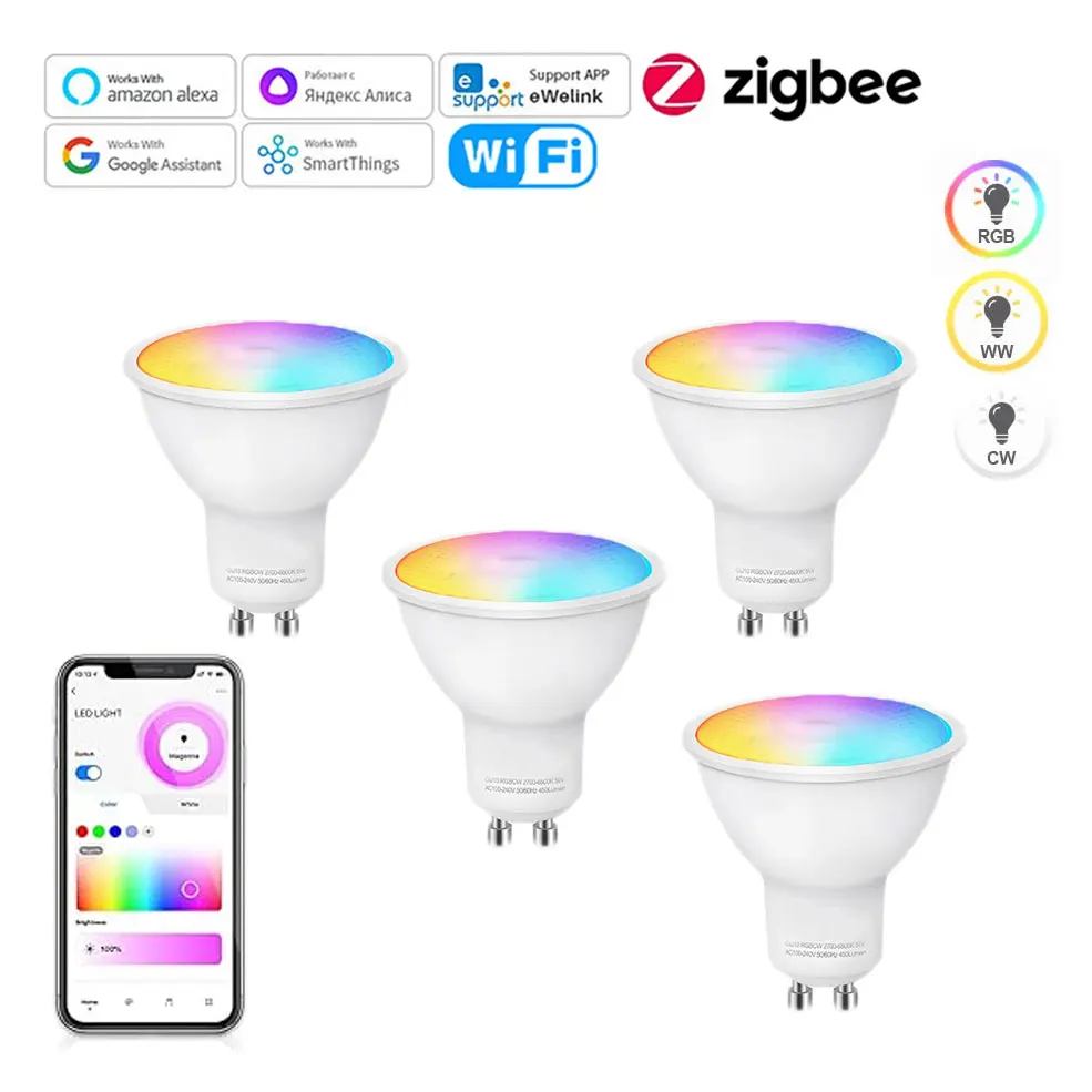 Inteligentna żarówka LED WiFi Zigbee GU10 ściemnialna lampa Led RGBCW do aplikacji Ewelink Alexa Google Home Yandex Smartthings