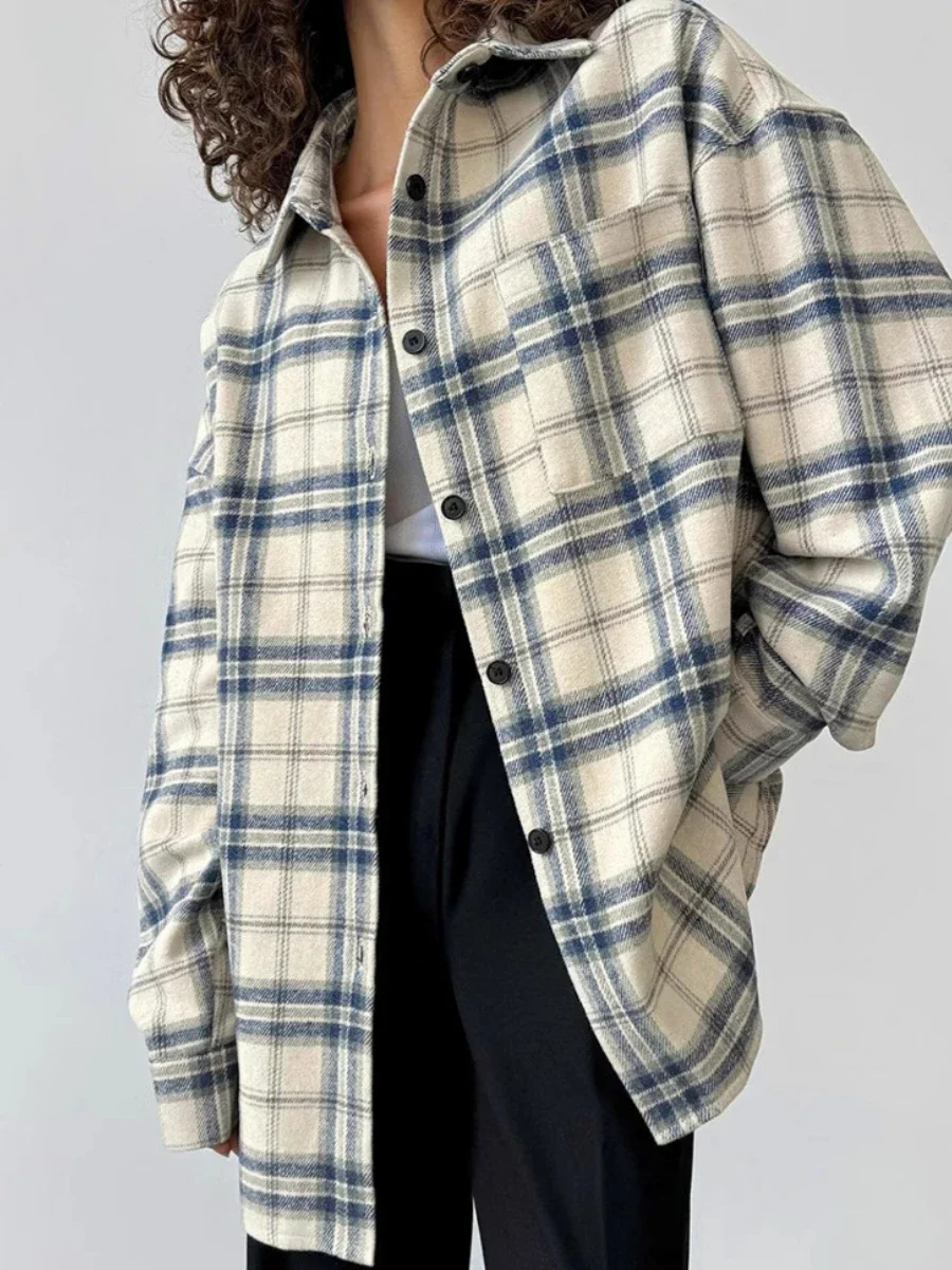 Bornladies Women\'s Loose Plaid Long Sleeved Lapel Shirt Fashion Office Lady Blouse Autumn Winter Casual New Checkered Coat