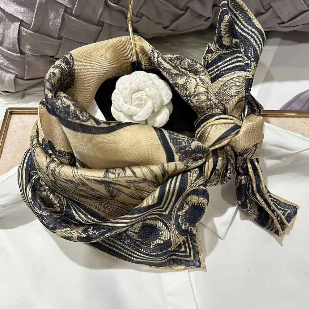 BYSIFA|Khaki Grey 100% Silk Shawl Scarf Fashion Brand Vintage Floral Style Square Scarves Fall Winter Ladies Scarf Hijab Printed