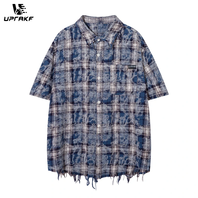 

UPRAKF Vintage Plaid Polo Tassel Streetwear Short Sleeve Summer Casual Fashion Lapel Simple Blue