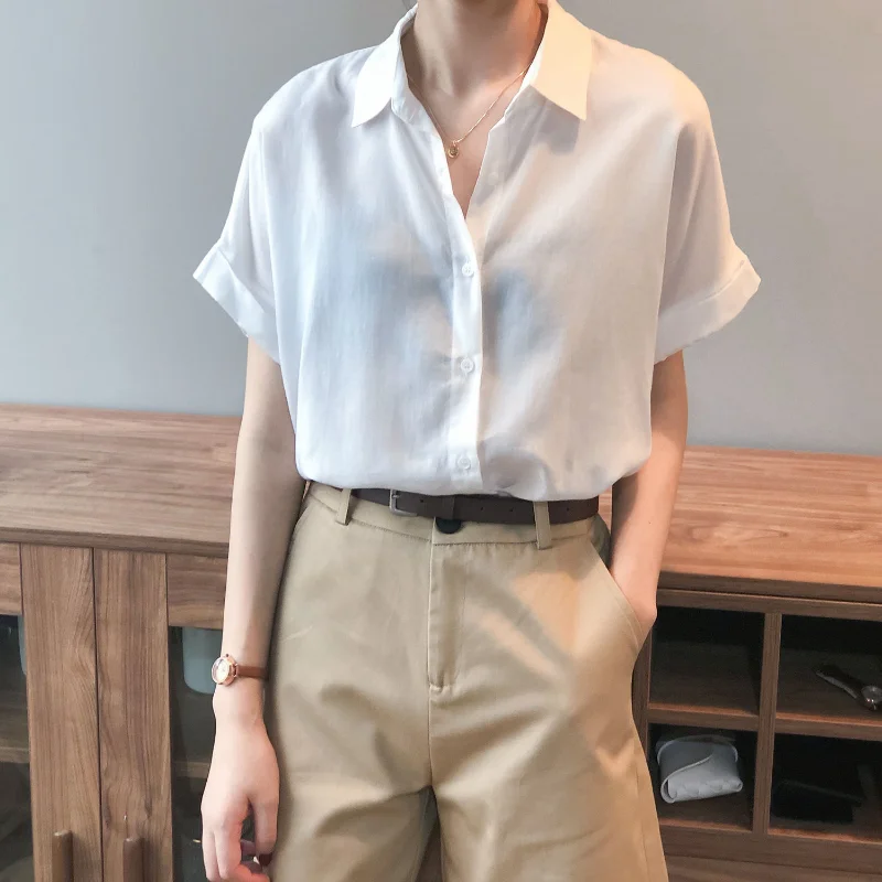 

White Thin Button Blouse Summer New Polo Neck Shoer Sleeve Solid Color Loose Office Shirt Tops Elegant Fashion Women Clothing