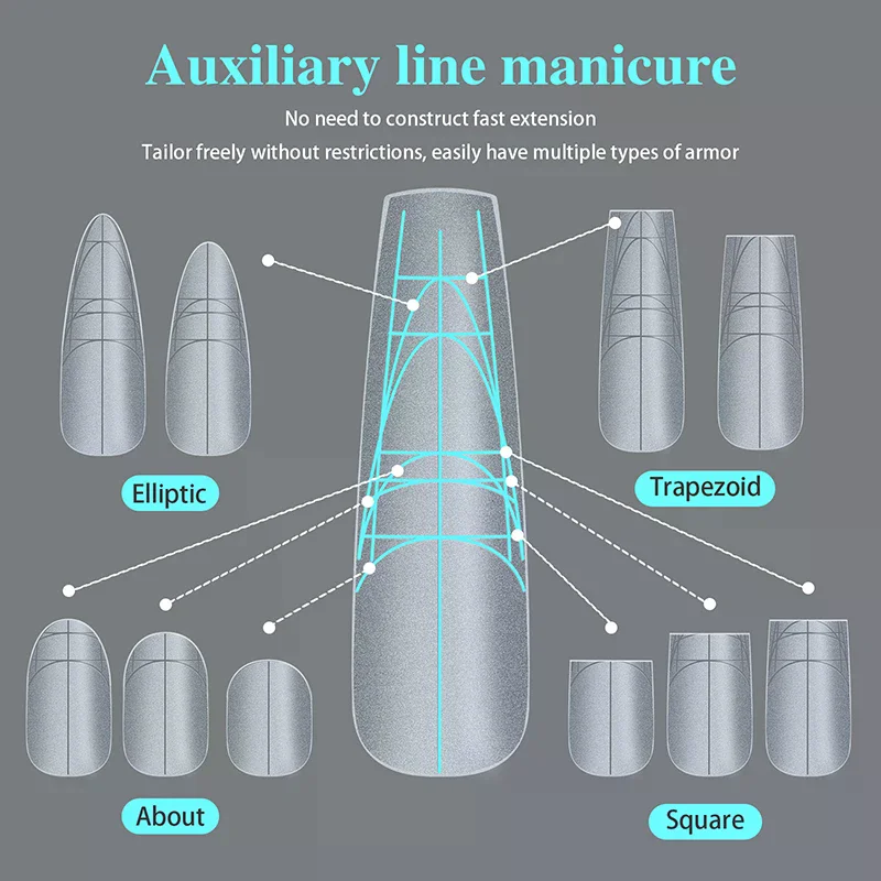 240개 트라페조이드 롱-T 매트 소프트 젤 네일 팁 보조 라인이 있는 흔적 없는 다용도 풀 커버 인조 손톱 연장용