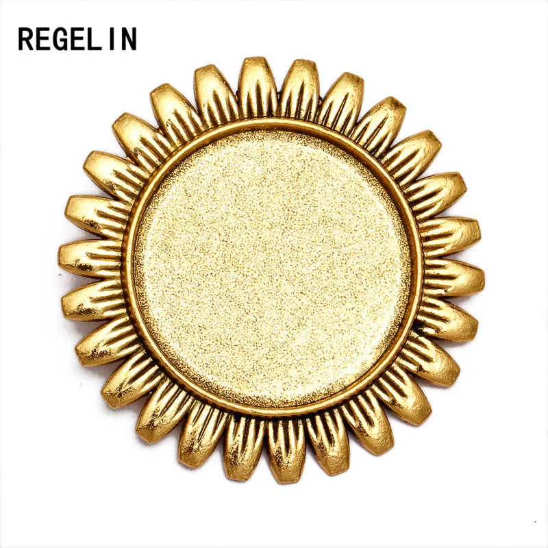 REGELIN New 5pcs/lot inner 25 mm Sun Flower Antique Gold/Antique Silver Brooch Base Fit Cabochon Tray DIY Jewelry Findings