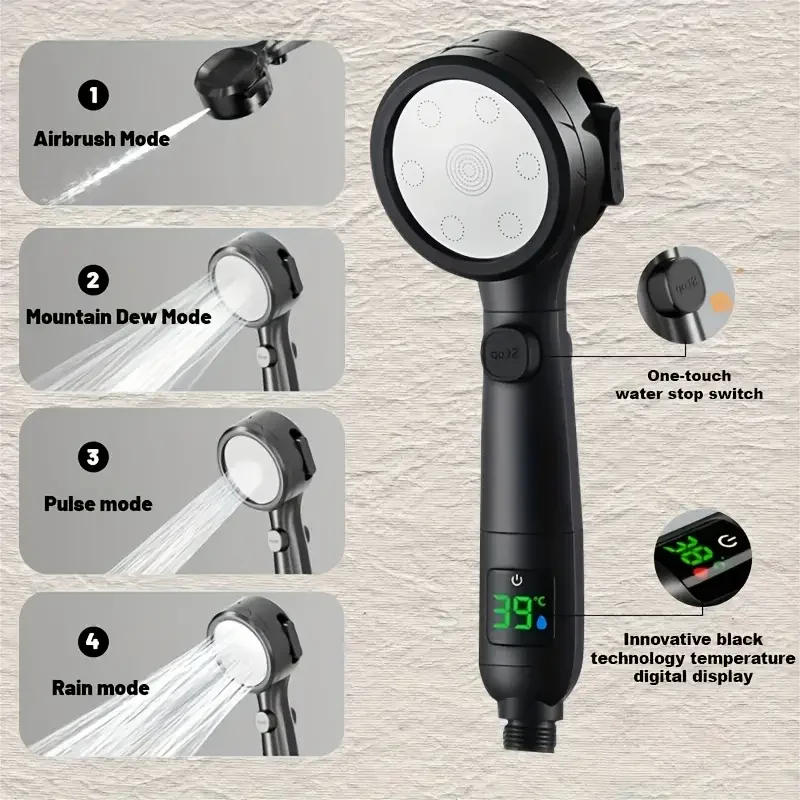 

For High Pressure Shower Head LED Temperature Display Shower Heads 4 Modes Water Saving Adjustable One-Key Stop Bathroom Sprayer