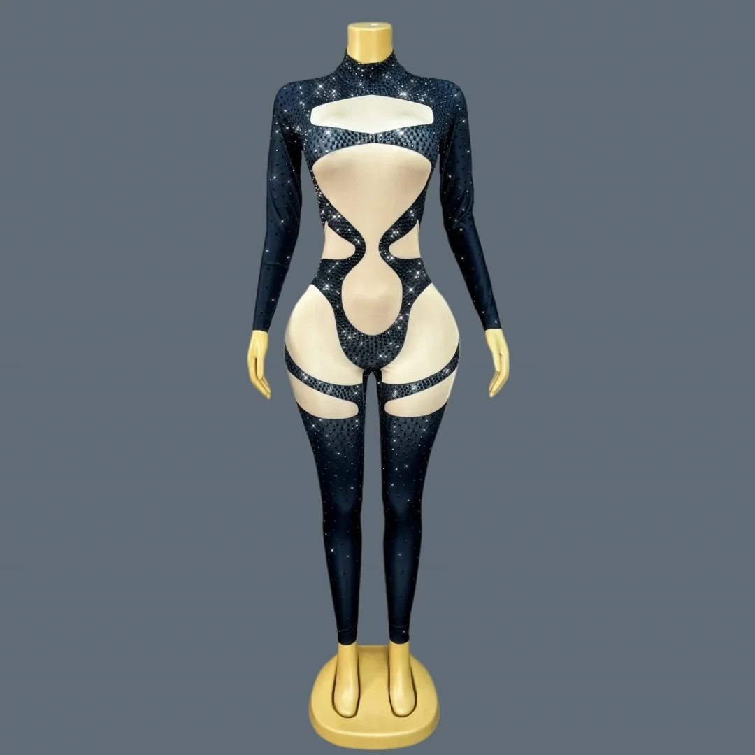 

Party Festival Stage Show Jumpsuit Tight Fitting Spandex Jumpsuit Long Sleeve Elastic Rhinestone Onesie Sexy Rave Outfit Nuomi