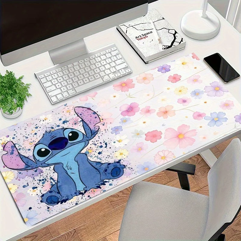 Alas Mouse Karet Bertema Jahitan yang Dapat Dicuci dengan Desain Bunga yang Cerah - Anti-Selip, Alas Meja Panjang untuk Rumah, Kantor & Pengaturan Gaming - I