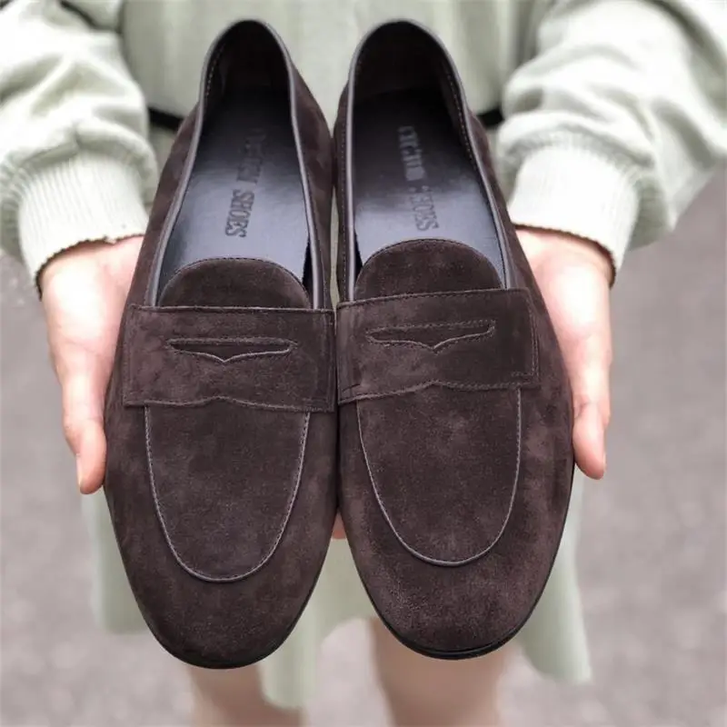 Men Loafers Handmade Suede Round Toe Low Heel Mask Slip on Business Casual Party Classic Comfort Dress Shoes