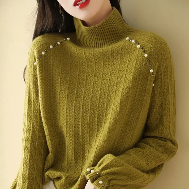 

Fashion Stand Collar Solid Color Beading Sweaters Women's Clothing 2023 Winter Loose Commuter Pullovers Knitted Korean Tops