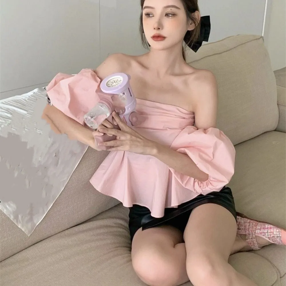 Modny plisowany crop top z odkrytymi ramionami, bluzka bazowa, koszulka z bufiastymi rękawami, słodka odzież damska, bufiaste topy tubowe, odzież damska.