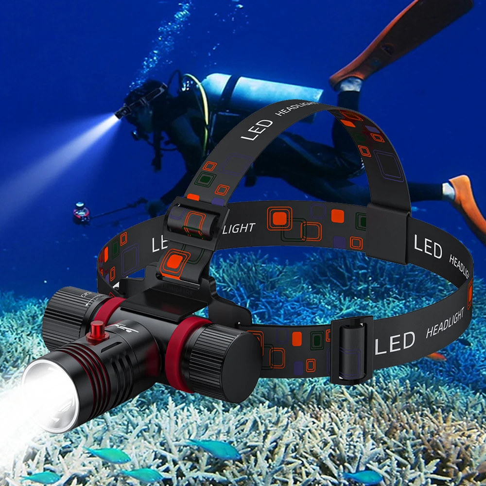 

Portable Led Diving Headlamp Super Bright Long Range Type C charging built-in battery IPX8 Waterproof Underwater Tactical Lamp