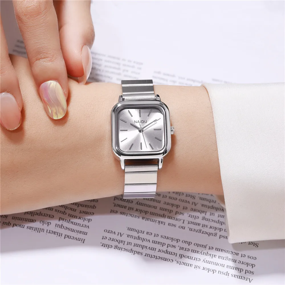 fashion square dial silver steel band women quartz watch