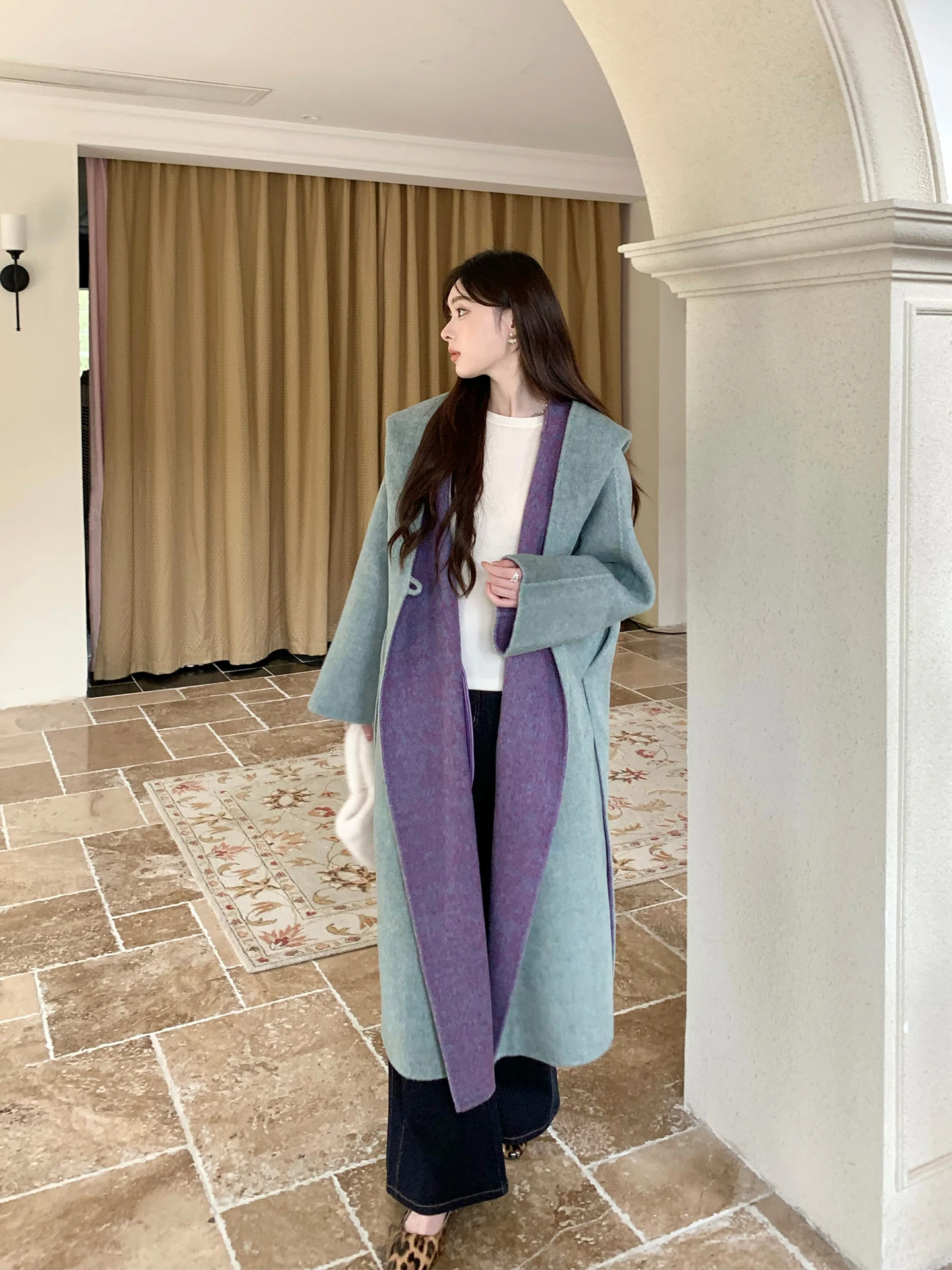 

Шерстяное пальто ручной работы INON с капюшоном, длинное, женское, двустороннее, из кашемира и кроличьего меха, шелковое, осенне-зимнее