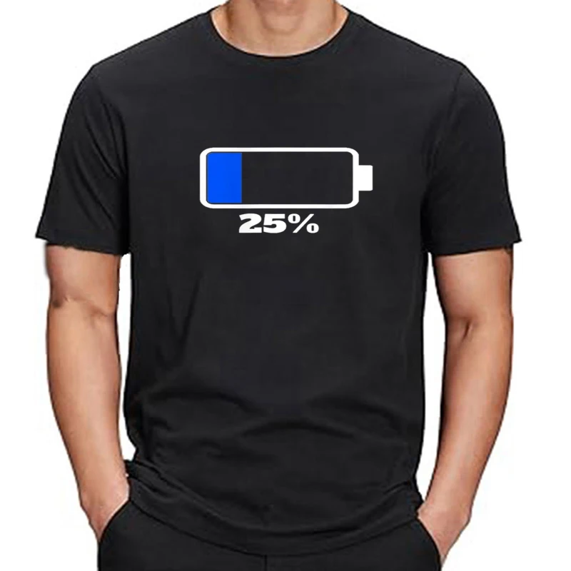 T-shirt graphique imprimé personnalisé pour hommes, batterie restante, fréquence de batterie faible, drôle, 25%
