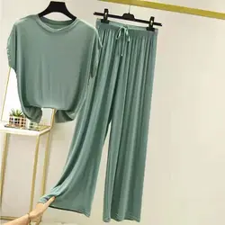 Modal Loose Homewear set O-neck Tshirts short sleeves and Wide leg pants Casual streetwear suit all match