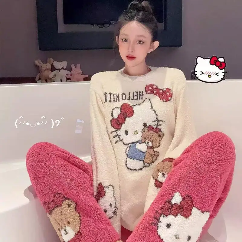 Kawaii كيتي القط 2 قطعة منامة فتاة طويلة الأكمام المتسكعون الحلو طالب فتاة شابة ملابس المنزل الدافئة ملابس خاصة مجموعة