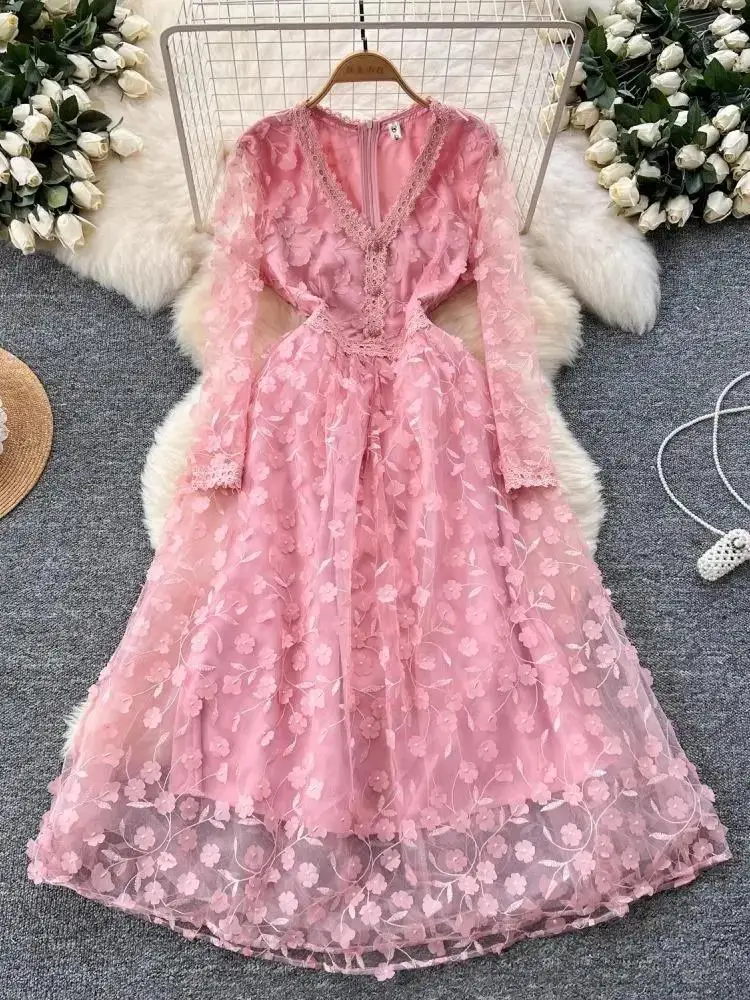 2025 Spring Summer Gorgeous Pink Flower Embroidery Dress Women V Neck Sheer Mesh Pink Wedding Birthday Party Prom Vestidos