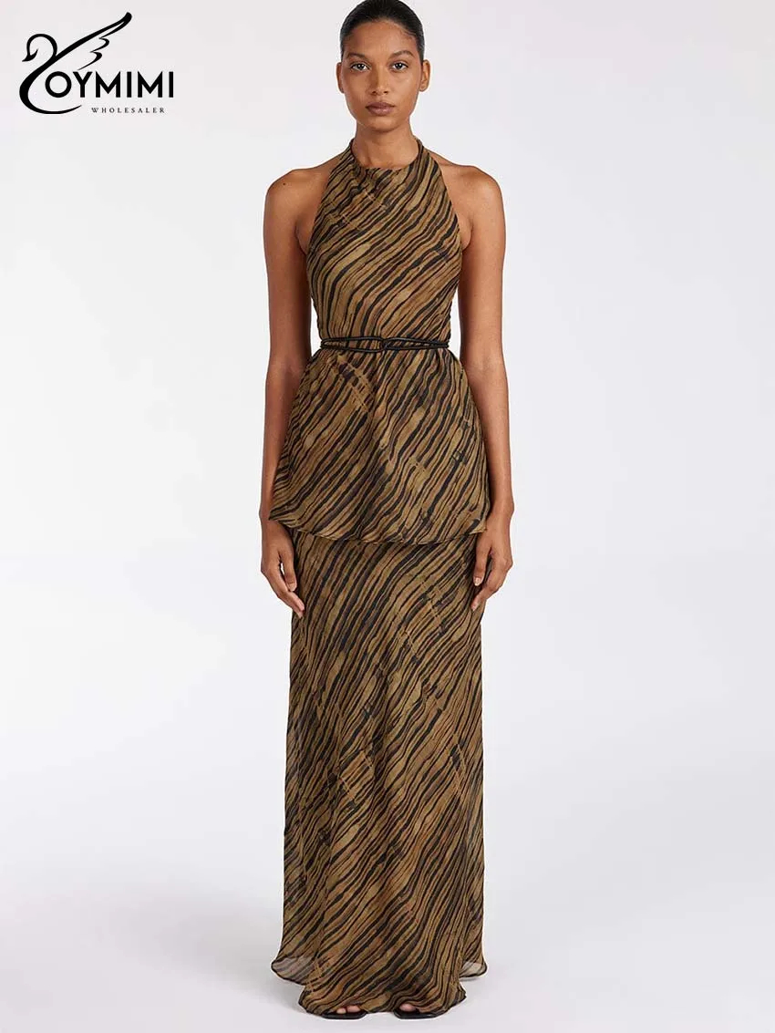 Oymimi Fashion Brown Print Set 2 pezzi Donna Eleagnt Halter Neck Top aperti sul retro + Set gonne dritte a vita alta fino al pavimento